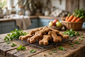 Homemade crunchy dental dog treats on a cooling rack